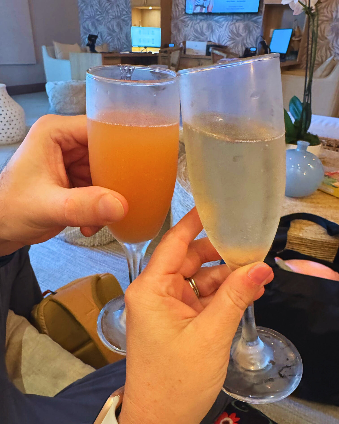 Picture of two hands doing a cheers with cocktail glasses.